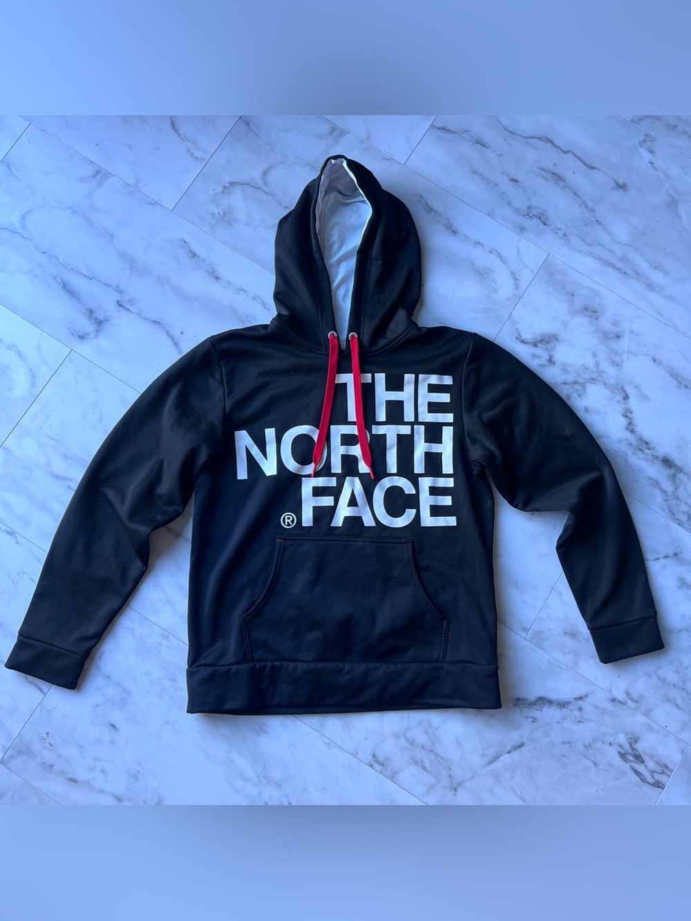 The North Face Men's Black Hoodie with White Logo and Red Drawcords